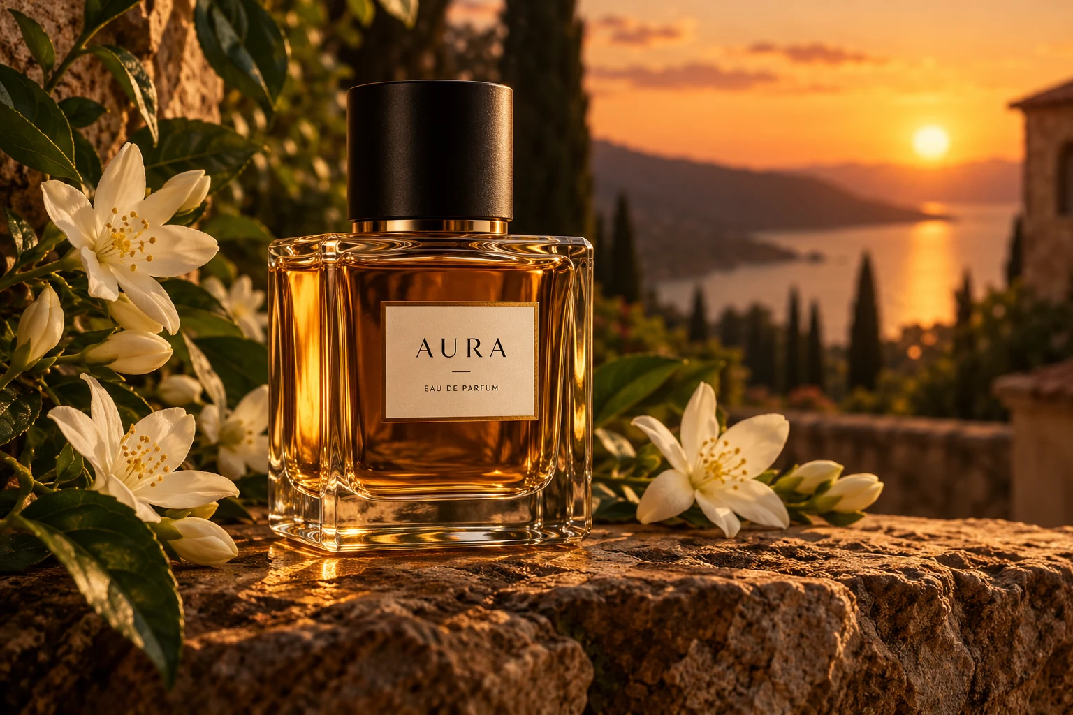 Illustrative AURA perfume advertising concept