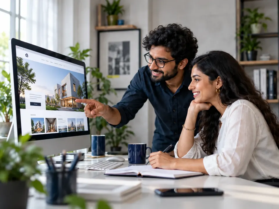 Indian website designers collaborating on a business website in a creative studio