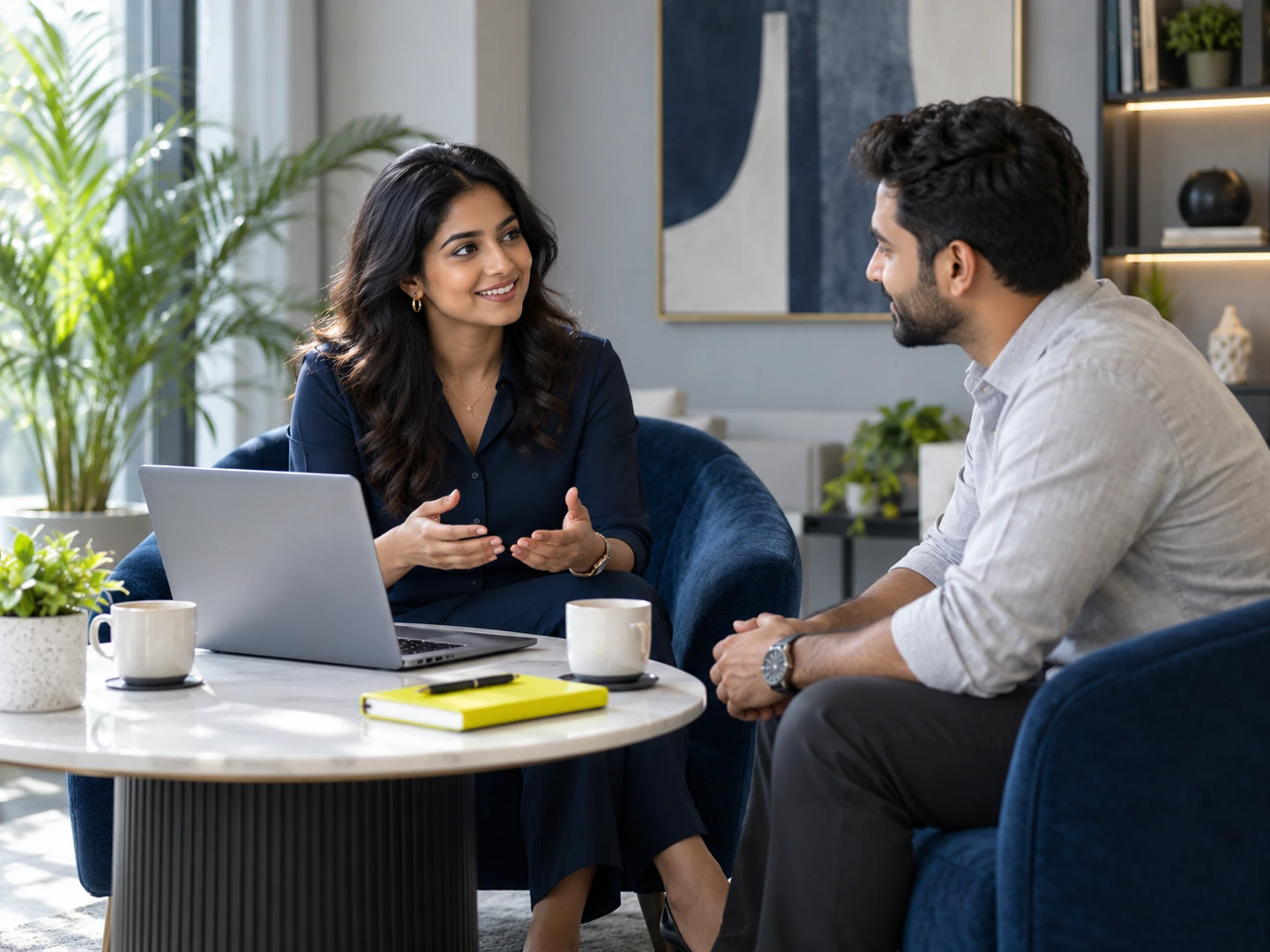 A welcoming agency consultation between an Indian business owner and consultant