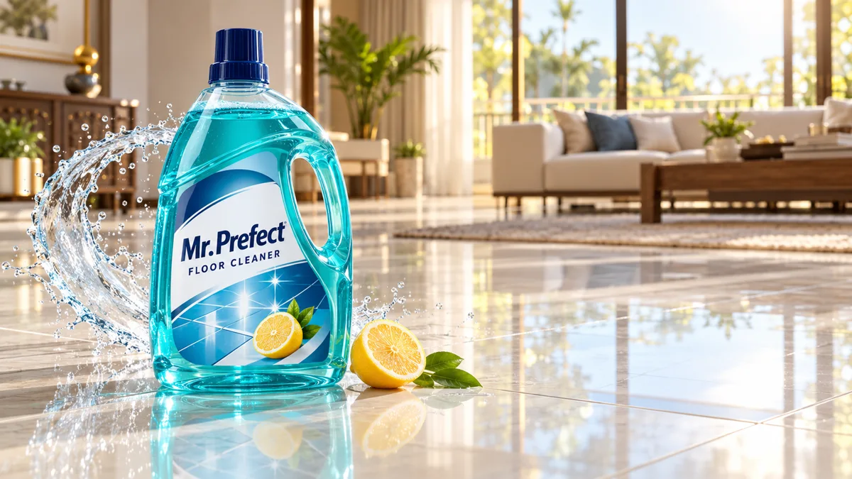 Floor cleaner bottle in a bright interior