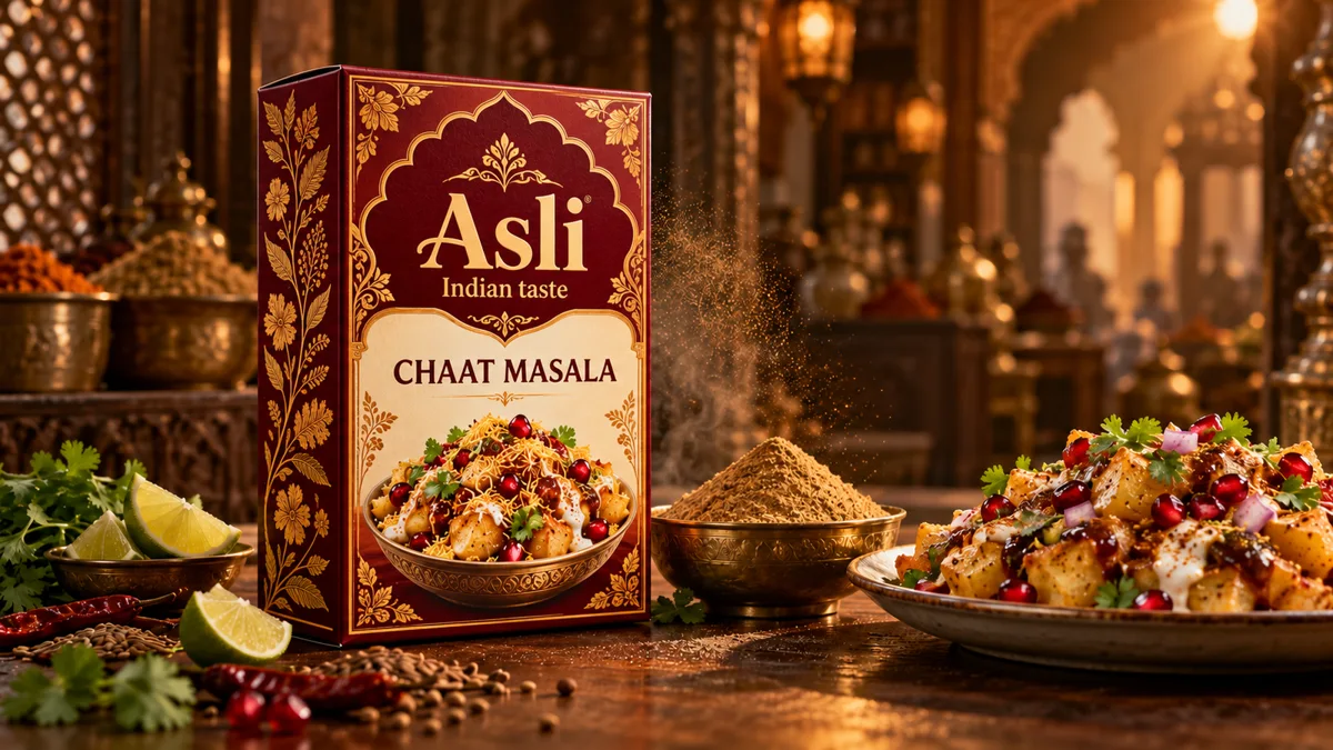 Asli chaat masala packaging with Indian food
