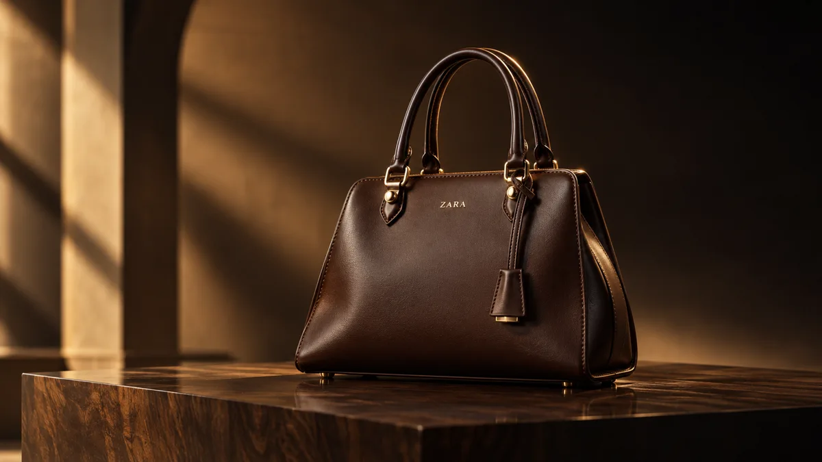 Brown leather handbag in golden studio light