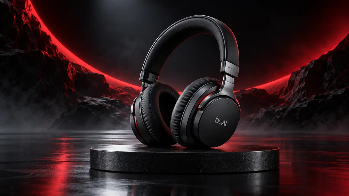 Headphones in a dramatic red and black studio