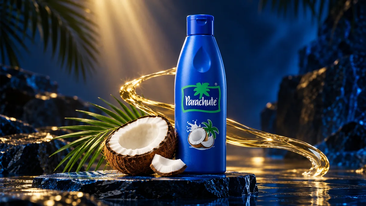 Coconut hair oil product with coconut and golden lighting