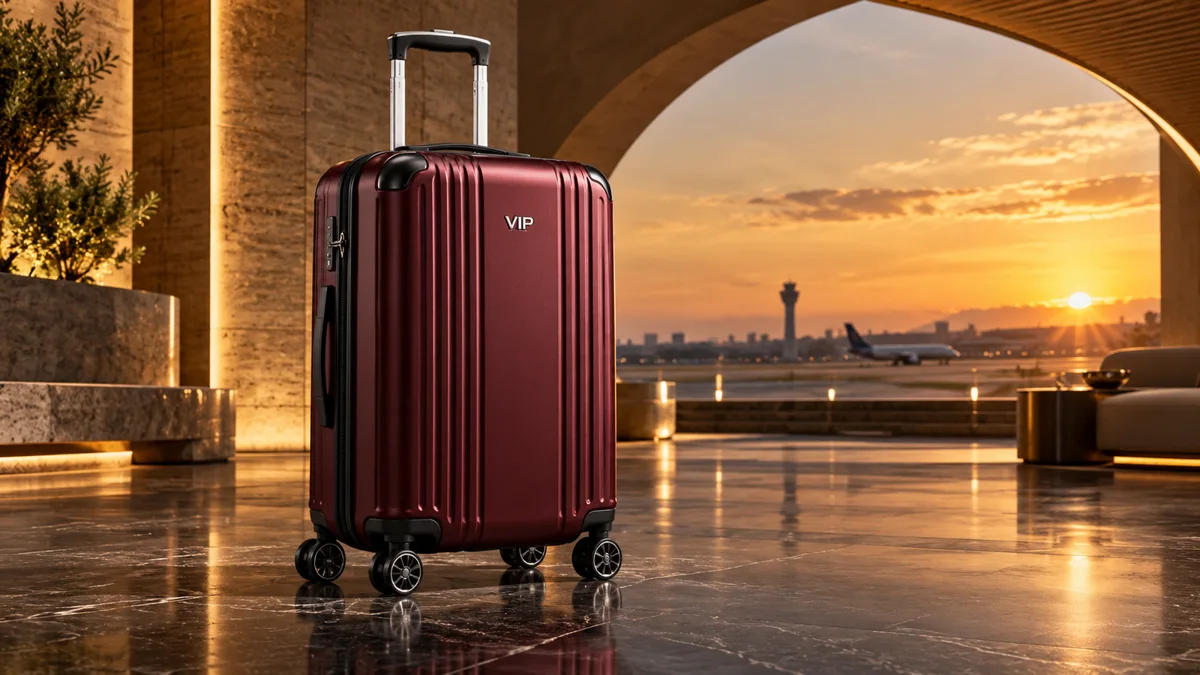Burgundy suitcase in a luxury airport lounge