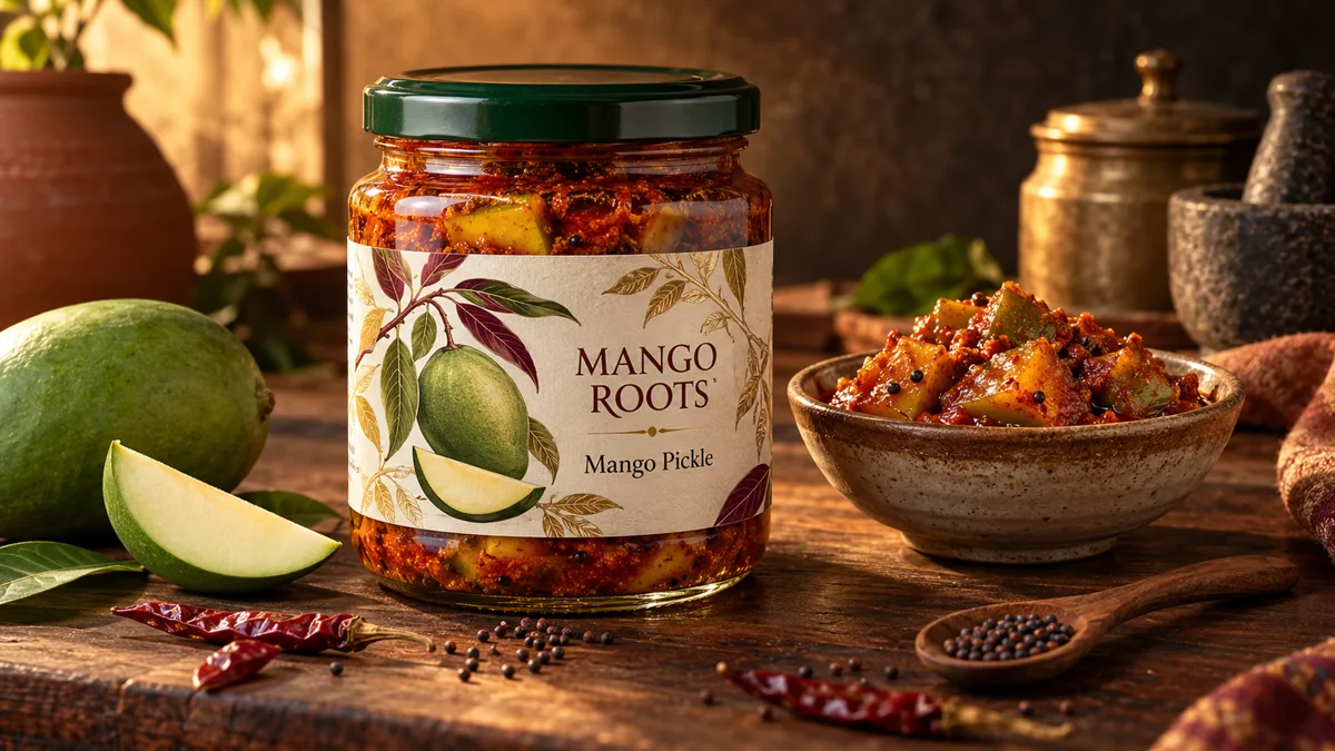 Mango pickle jar with fresh ingredients