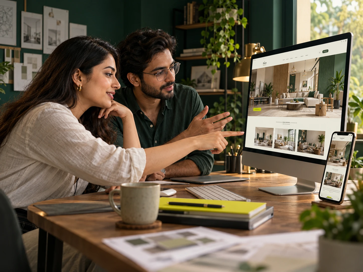 Indian business owner and designer exploring a website together