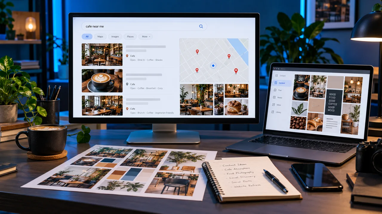 Local business search and map results on a desktop in an SEO workspace