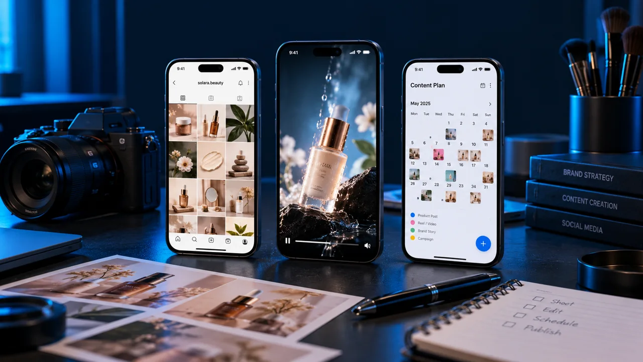 Social content, a product Reel and a content calendar displayed on phones